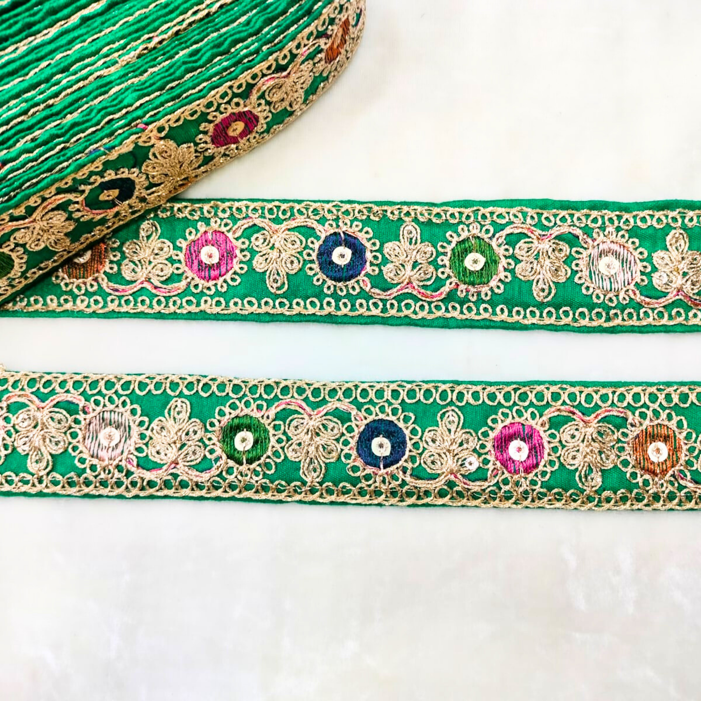 Stylish Green Base Multicolor Embroidery Accent Trim