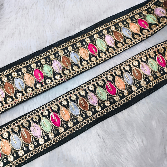 Elegant Black Base Trim with Multicolor Embroidery