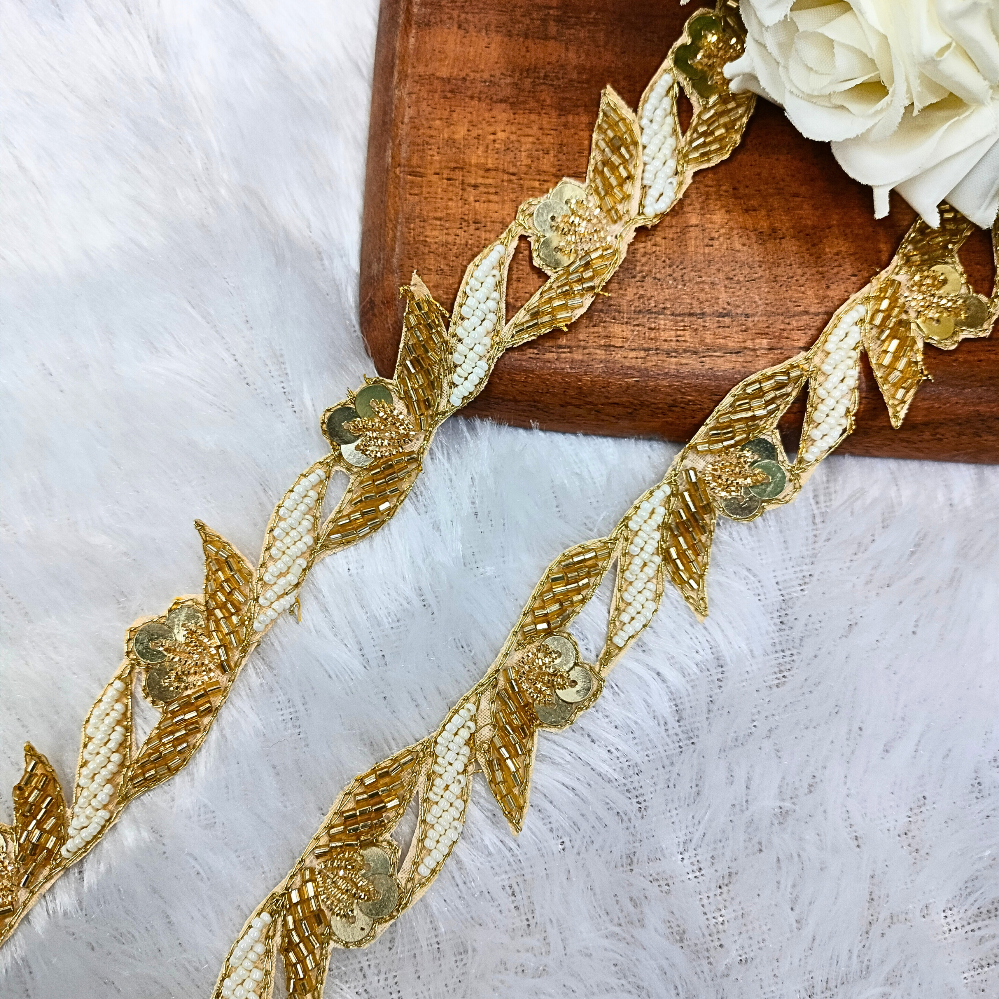 Golden Cutdana And Pearl Trim