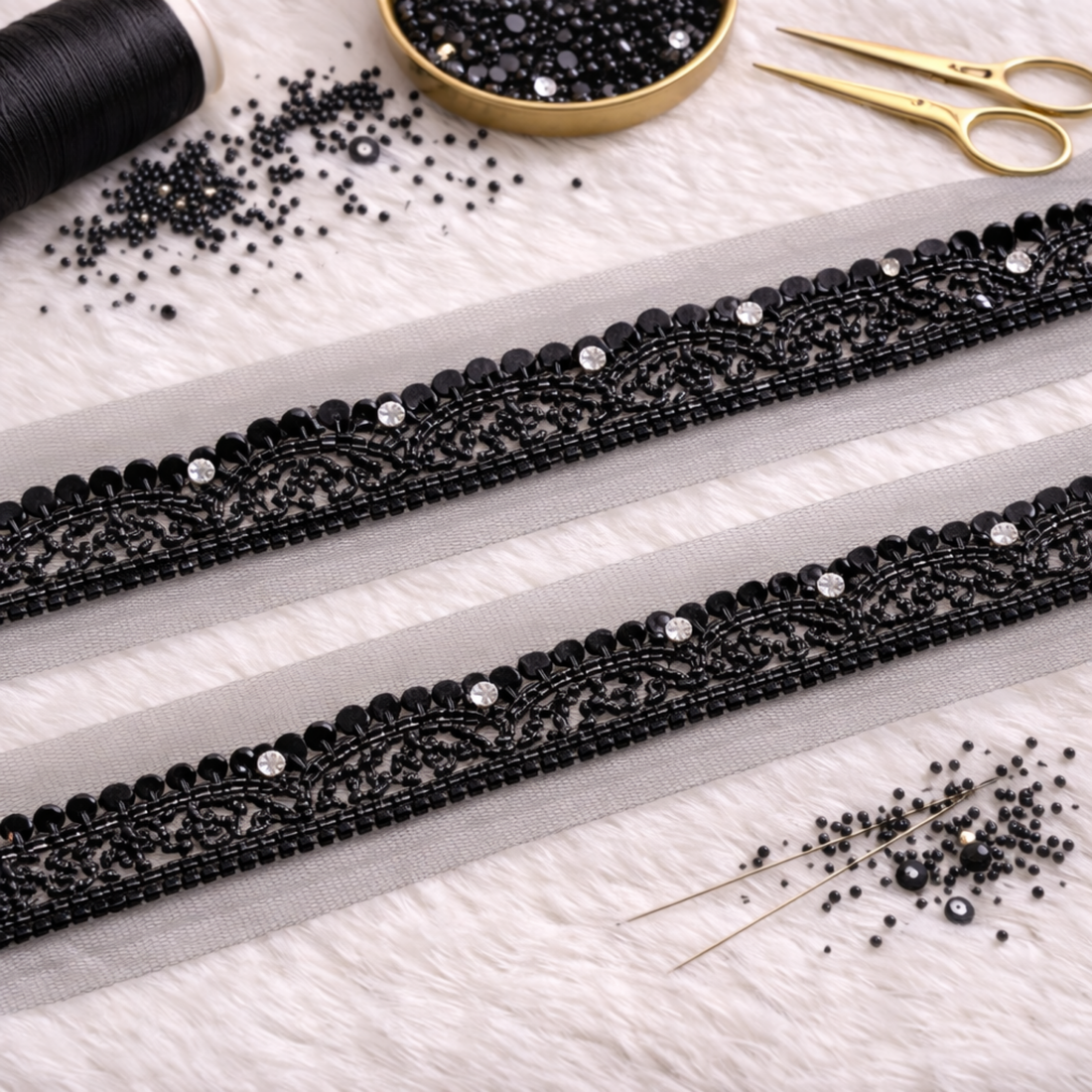 Black Sequin & Stone Lace
