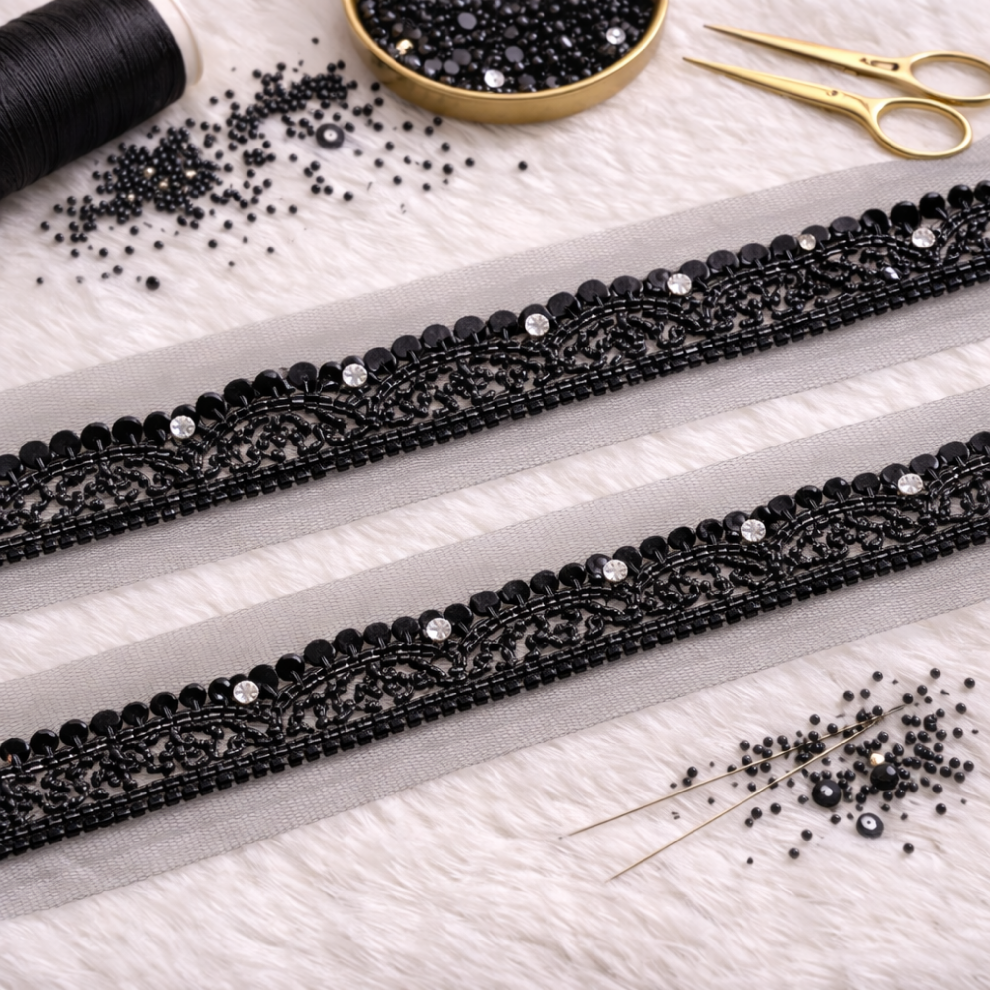 Black Sequin & Stone Lace