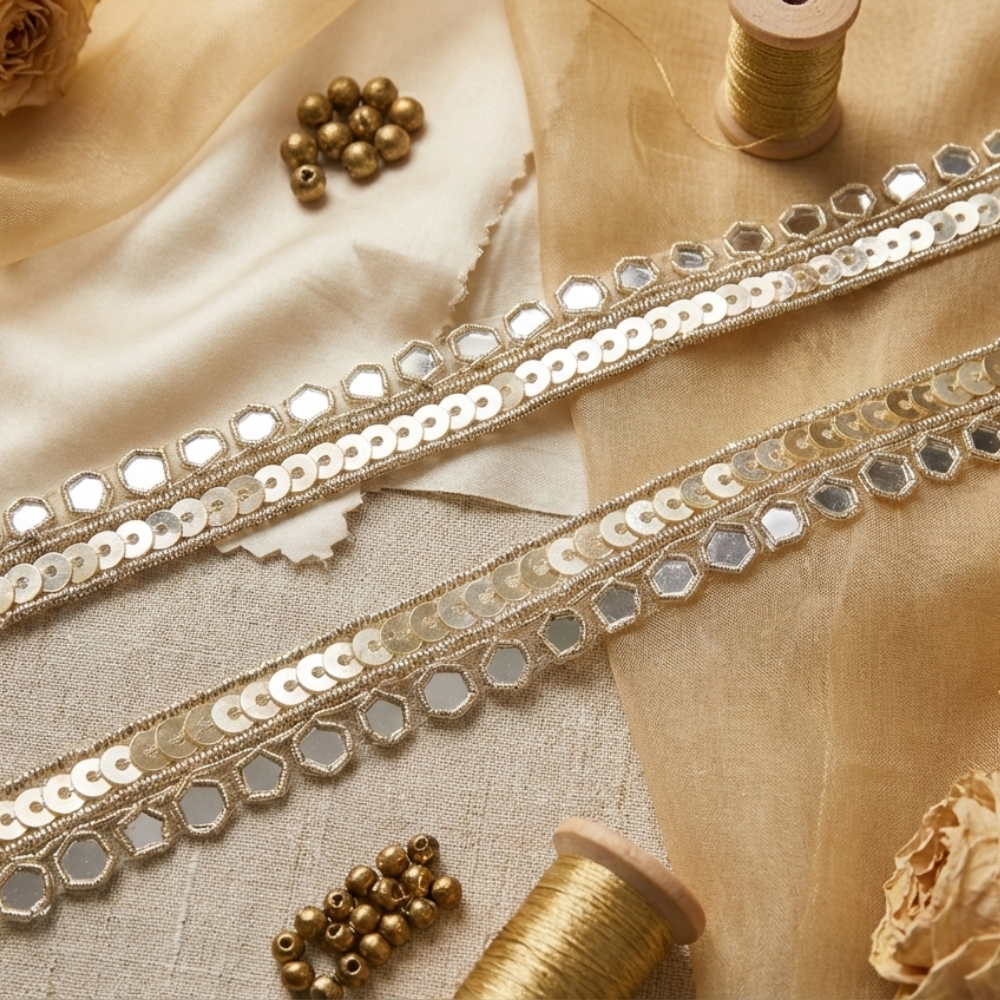 Light Gold Mirror And Sequin Handwork Trim