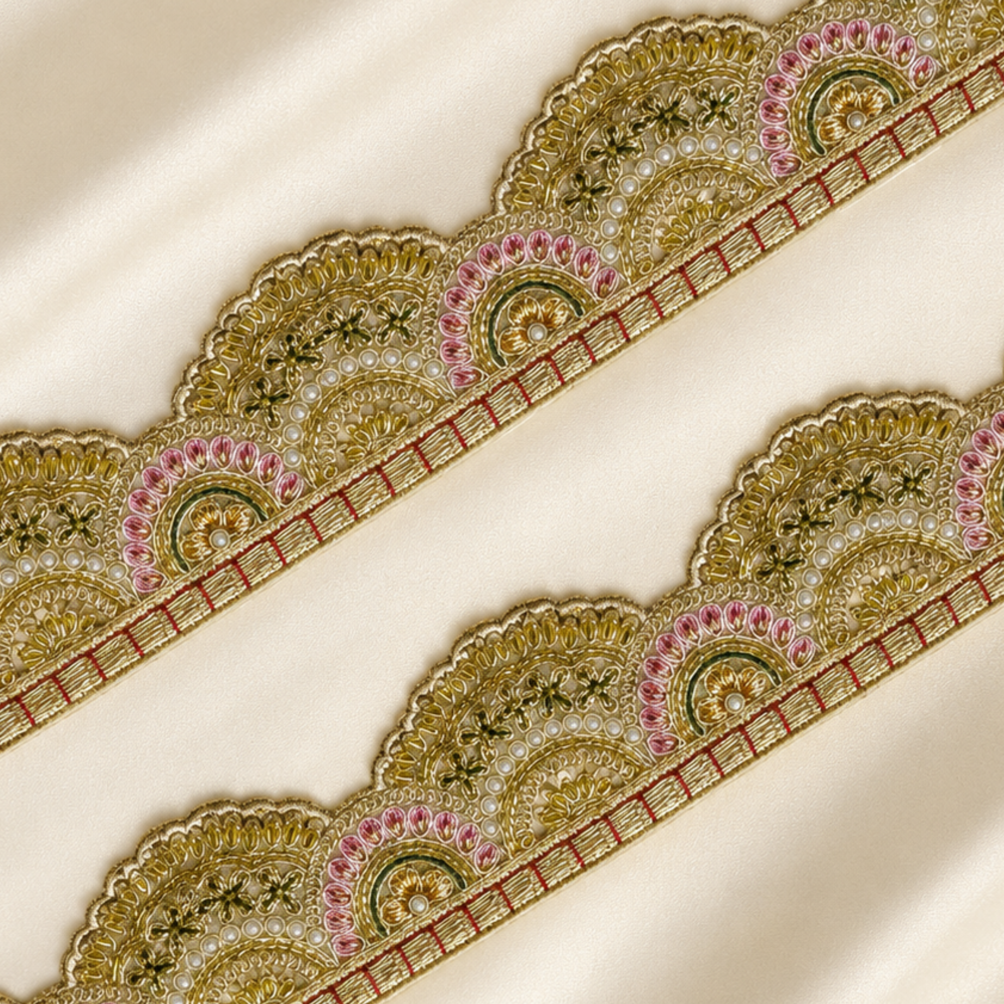 Scalloped Floral Metallic Handwork Wide Lace Border for Bridal & Designer Wear