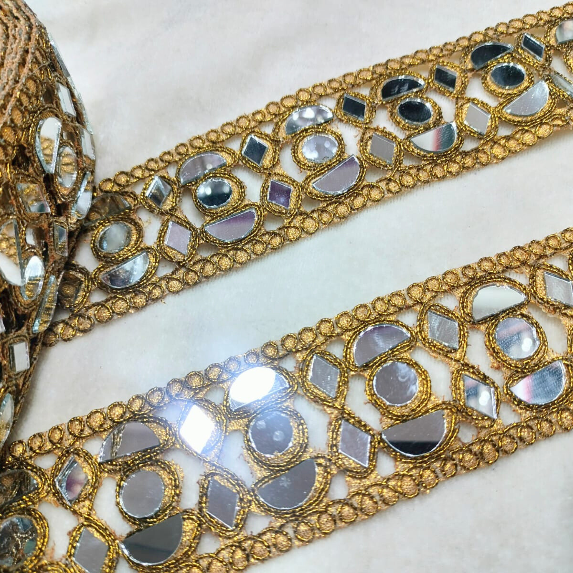 Geometric Mirror Work Embroidered Designer Lace