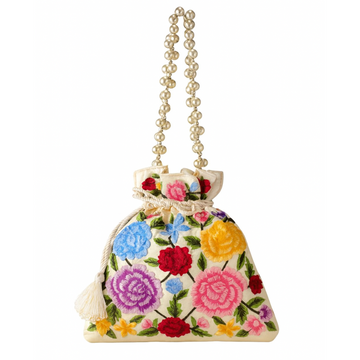 Ivory Multicolor Floral Embroidered Potli Bag