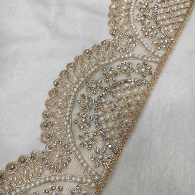 Mirror & Pearl Embellished Scalloped Lace Border for Bridal & Designer Wear