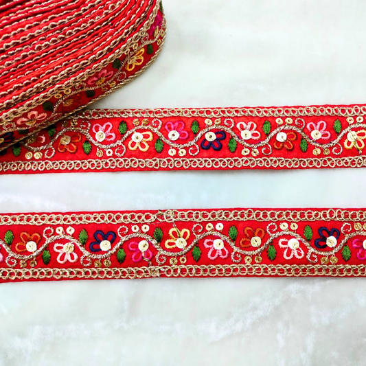 Elegant Red Base Multicolor Floral Decorative Trim