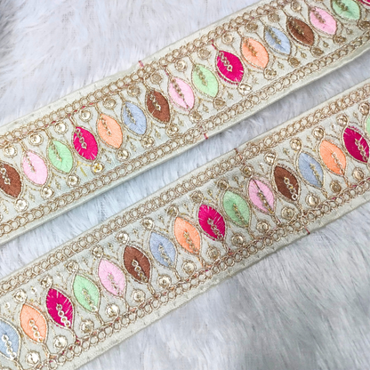 Elegant White Trim with Multicolor Embroidery