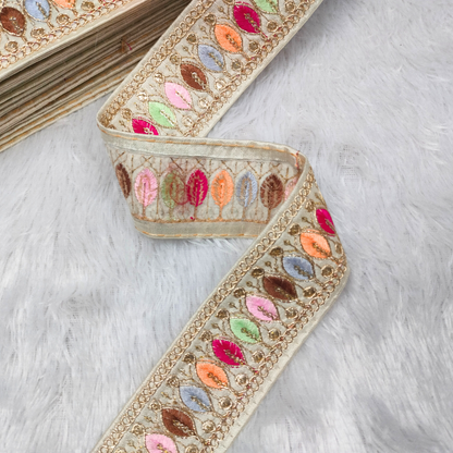 Elegant White Trim with Multicolor Embroidery