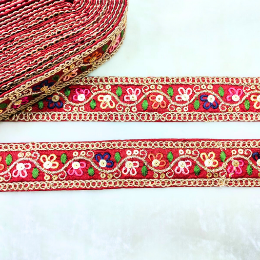 Stylish Maroon Base Multicolor Floral Accent Trim