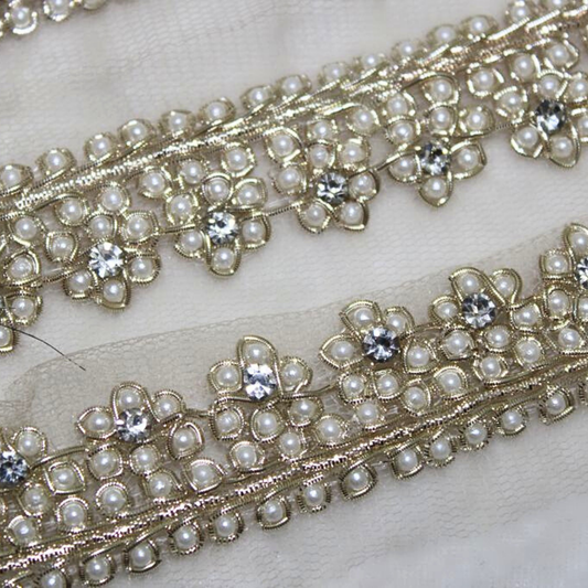 Water Gold Pearl Embellished Handwork Trim