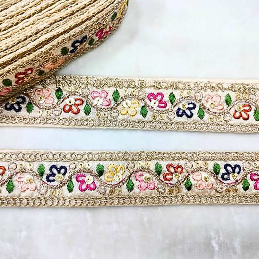 Elegant White Base Multicolor Floral Decorative Trim