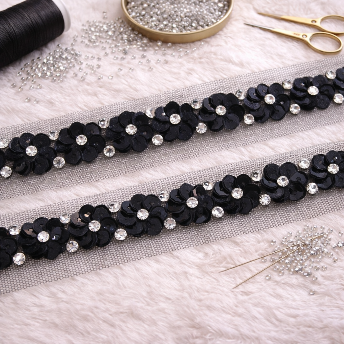 Sequin Flower Border Lace