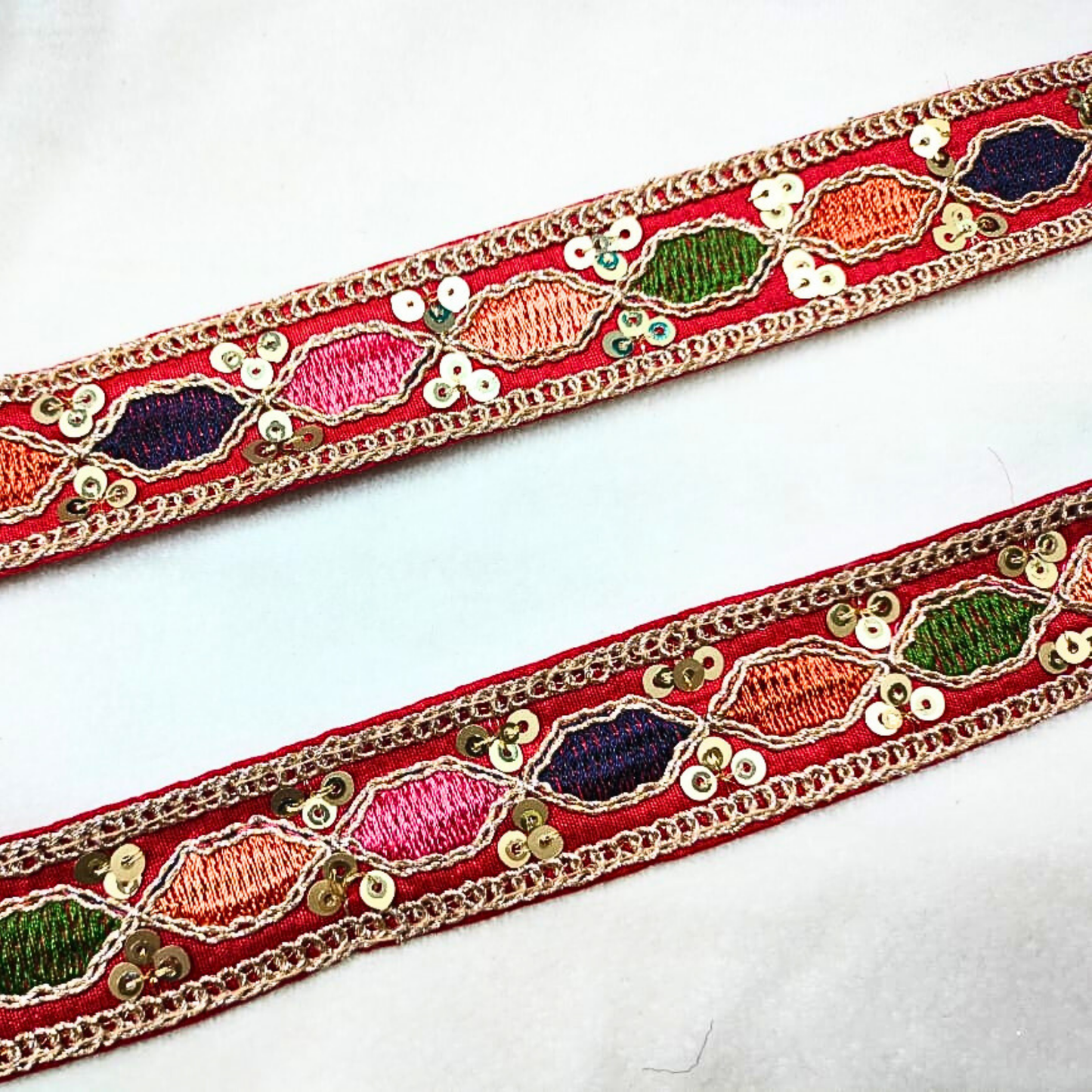 Elegant Red Base Multicolor Lace Trim