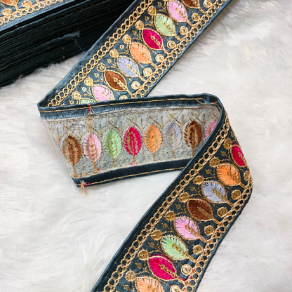 Elegant Grey Trim with Multicolor Thread Embellishments