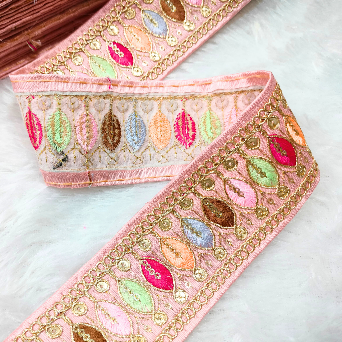 Delicate Light Pink Trim with Multicolor Thread Embellishments