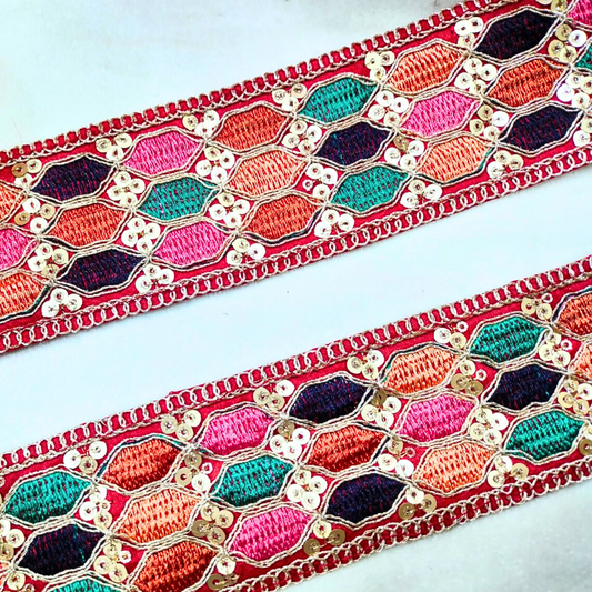 Red Multicolor Embroidery Work Lace