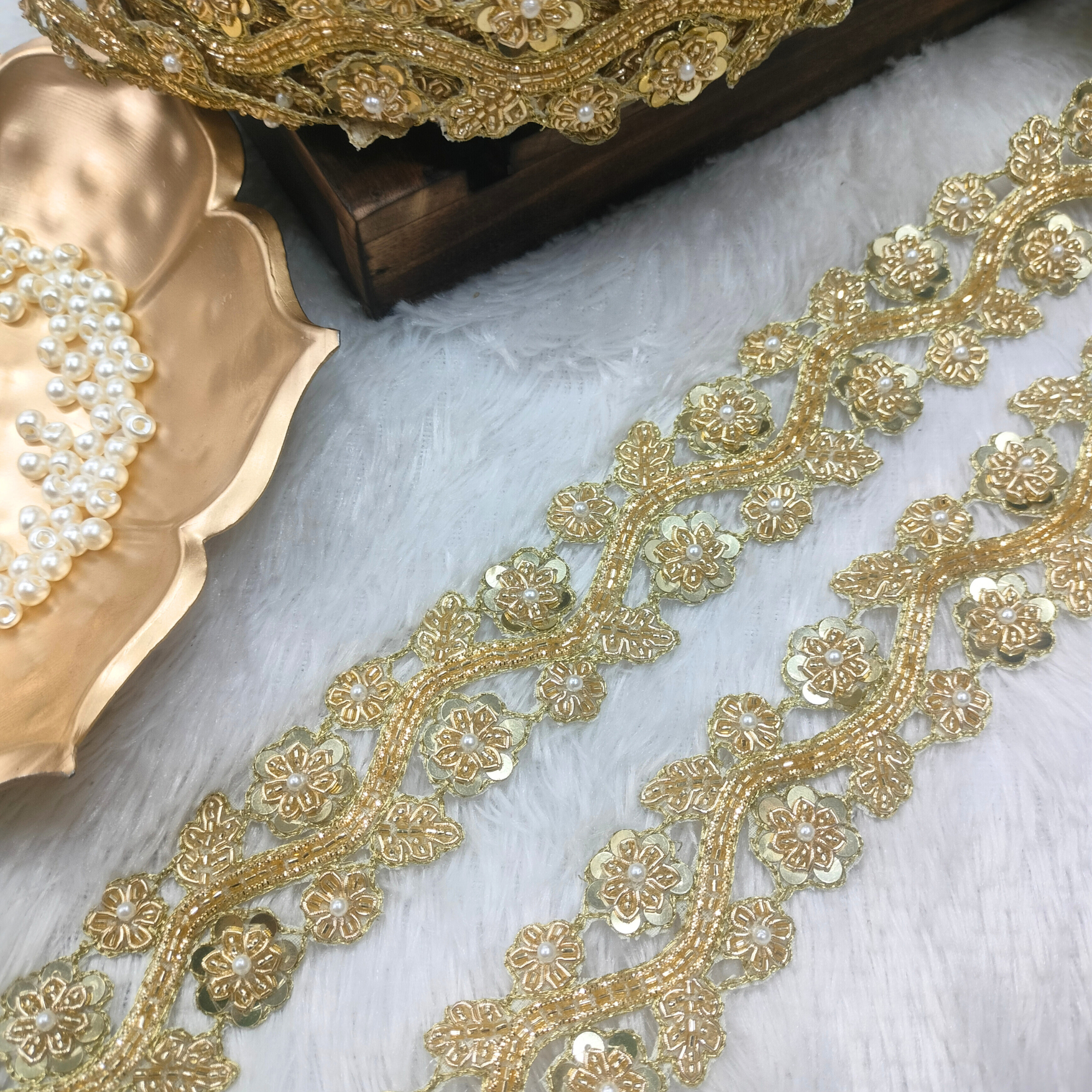 Golden Floral Pearl Lace Border