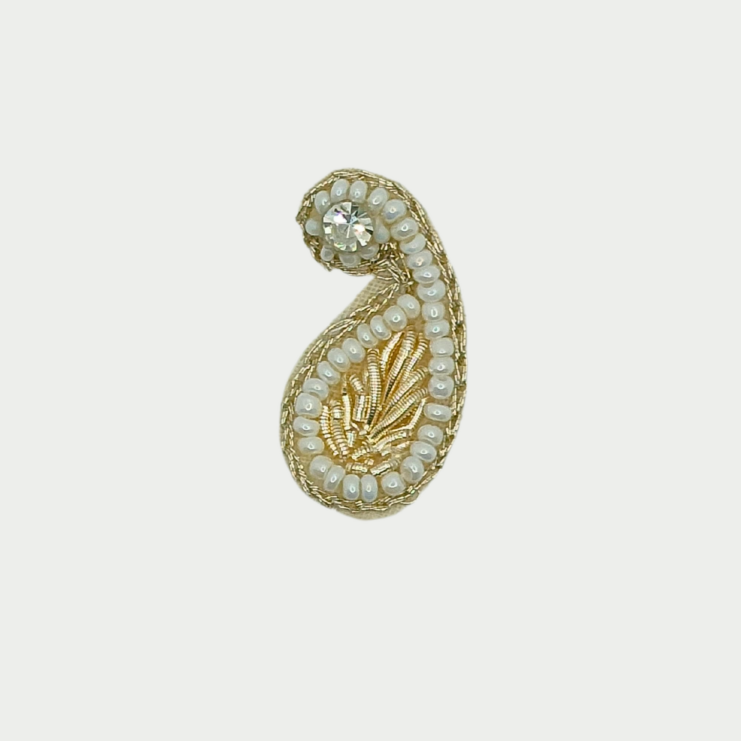 Light Gold Zari Keri-Shaped Patch with White Pearls