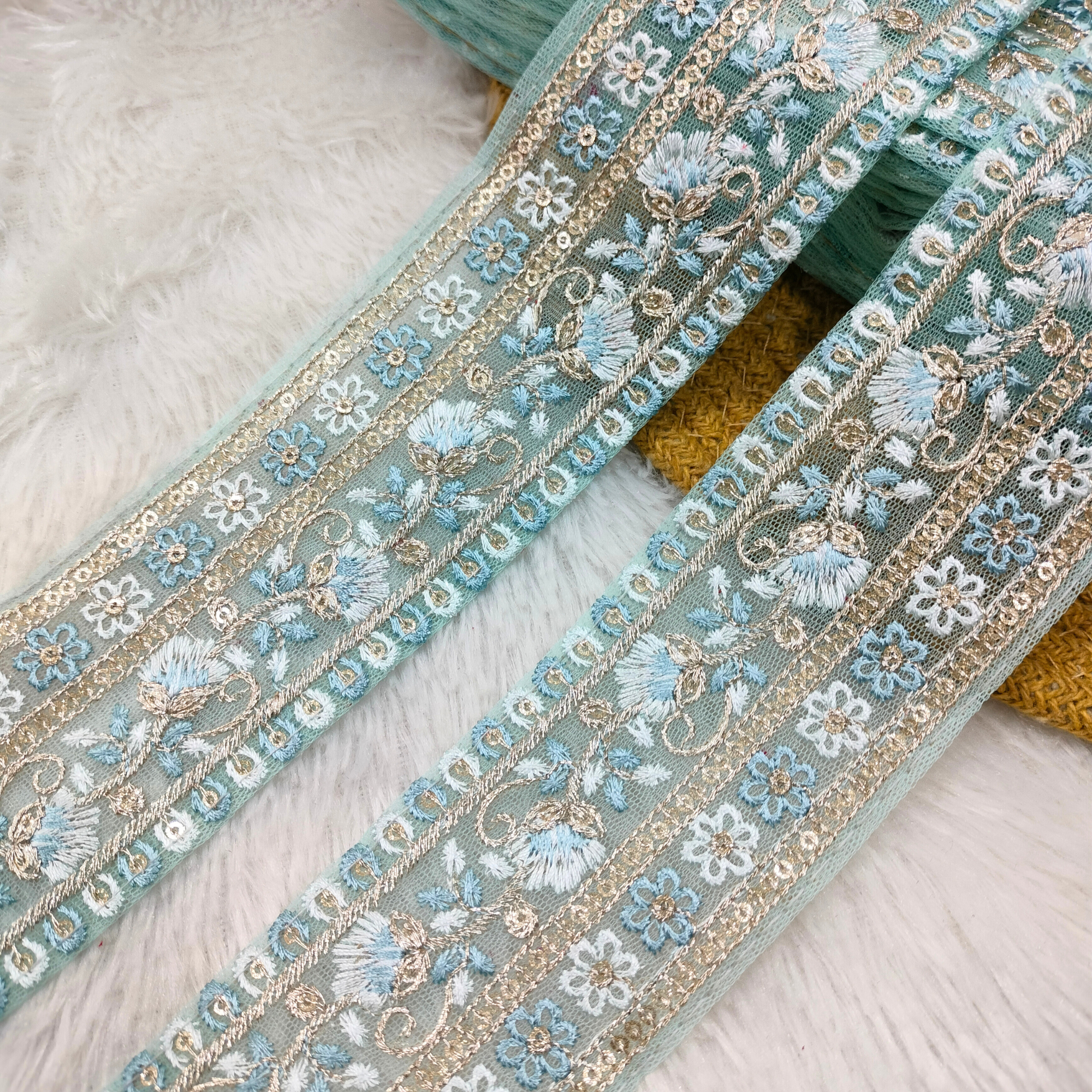 Mint Blue Multi-Thread Embroidered Lace