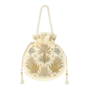 Ivory Golden Lotus Embroidered Potli Bag