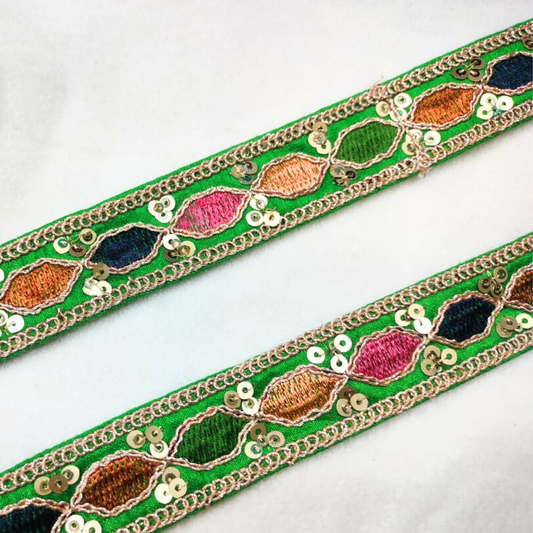 Vibrant Green Base Multicolor Floral Embroidery Trim