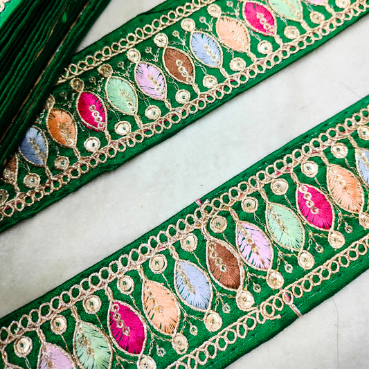 Vibrant Green Trim with Colorful Embroidery Trim