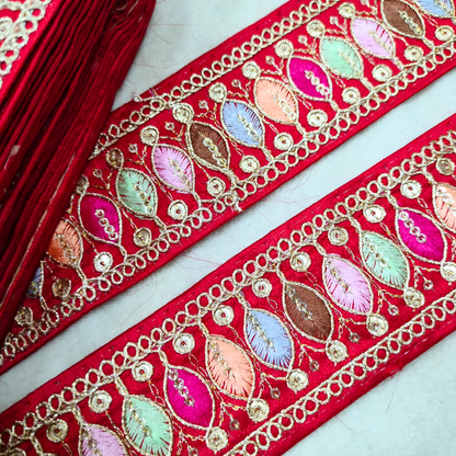 Vibrant Red Trim with Colorful Embroidery  Trim