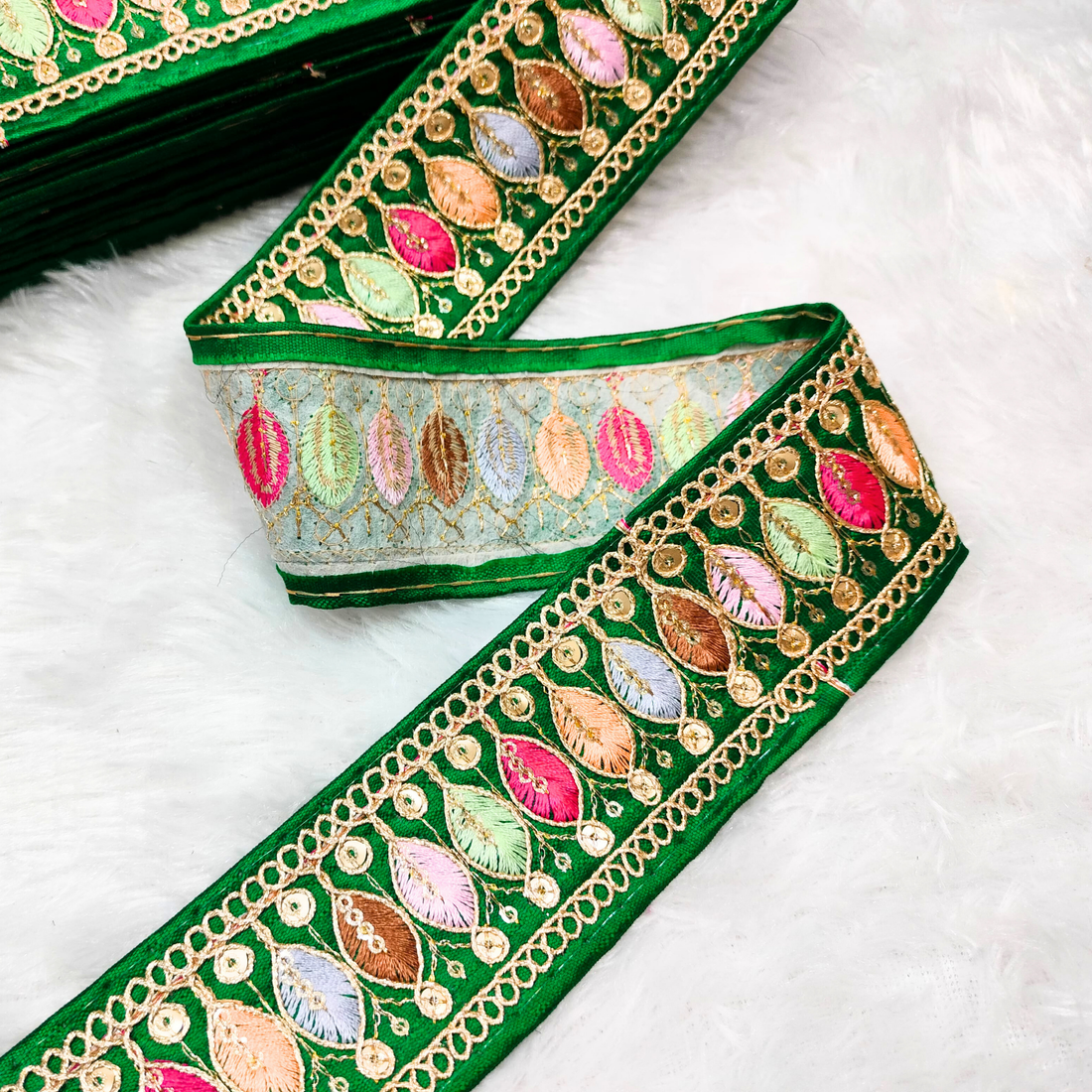 Vibrant Green Trim with Colorful Embroidery Trim