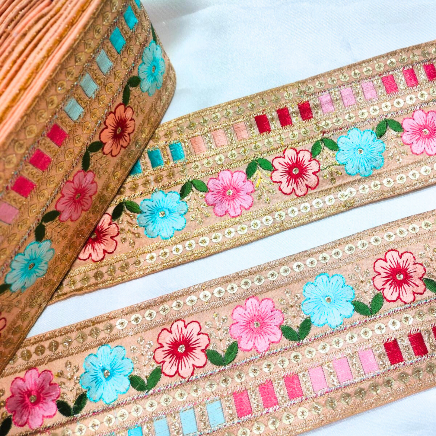 Elegant Peach Base Multicolor Floral Embroidery Trim