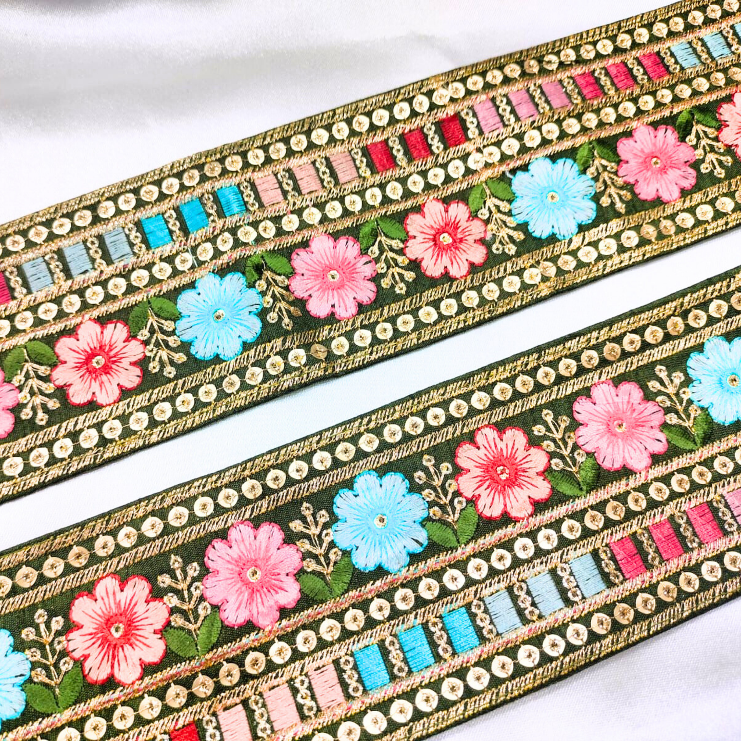 Dark Green Base Multicolor Floral Embroidery Trim