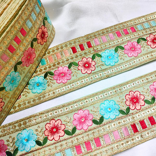 Mint Green Base Multicolor Floral Embroidery Trim