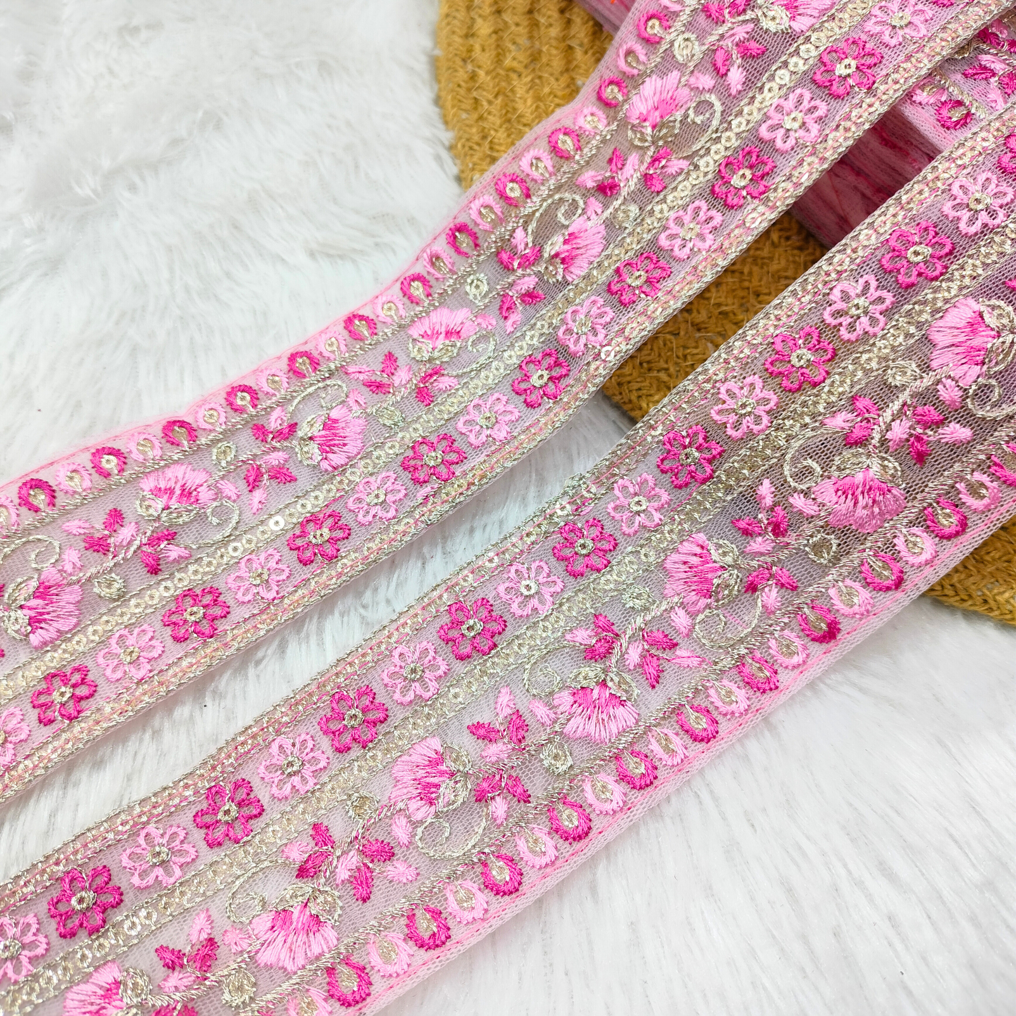 Pink Multi-Thread Embroidered Lace