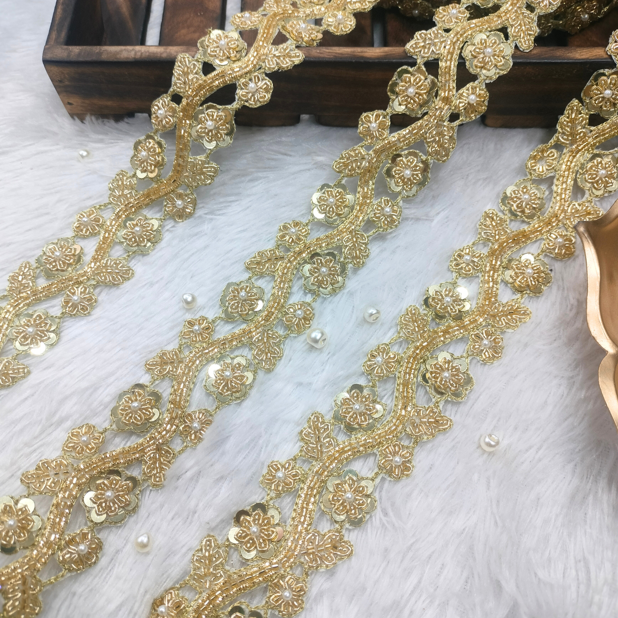 Golden Floral Pearl Lace Border