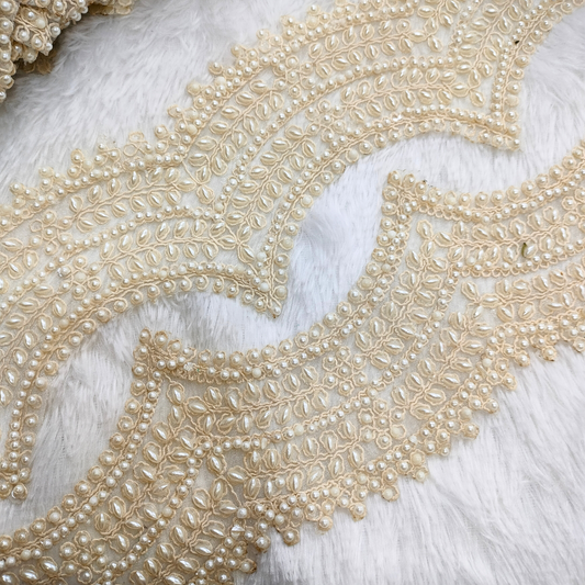 Off White Mirror And Pearl Work Scalloped Trim