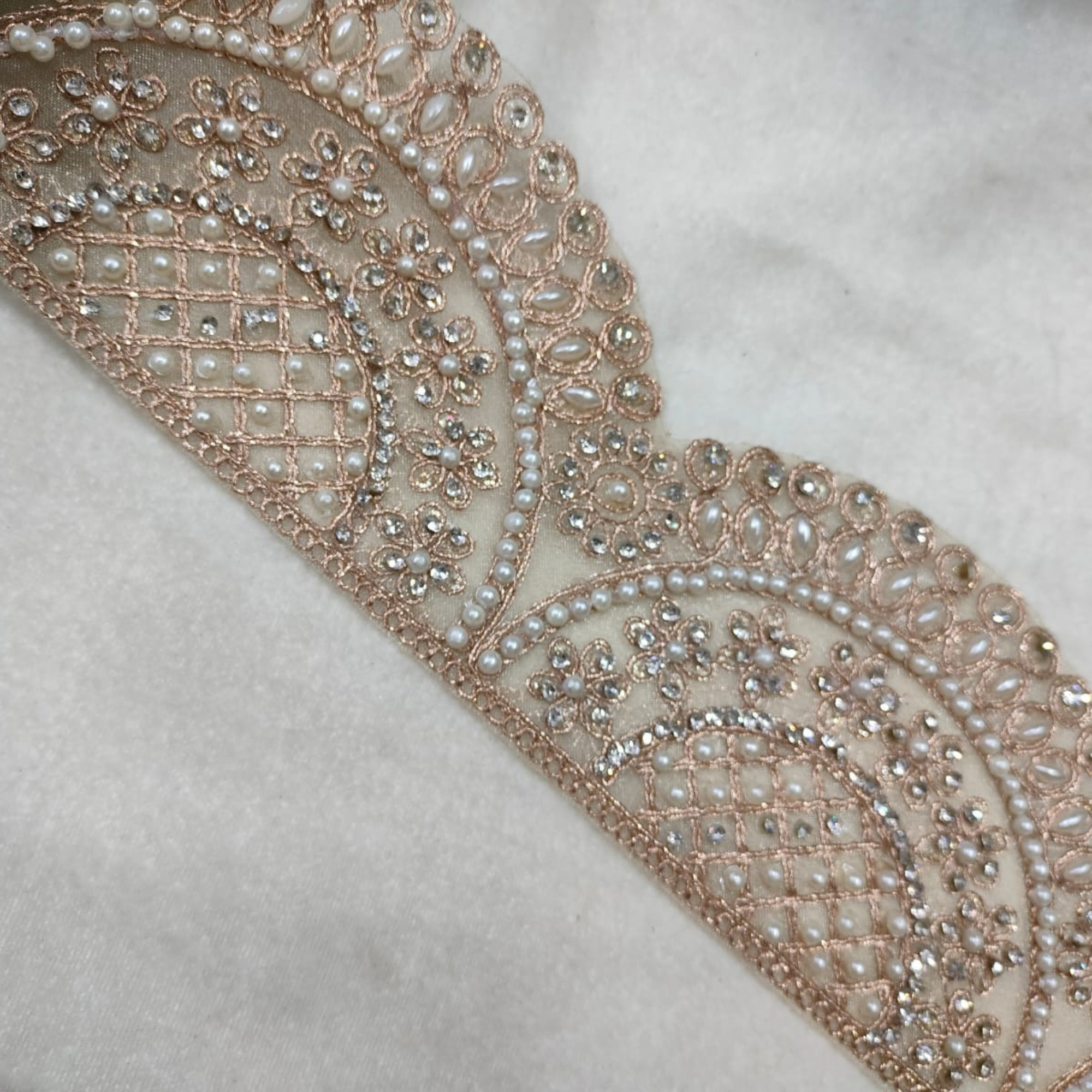 Mirror & Pearl Embellished Scalloped Lace Border for Bridal & Designer Wear