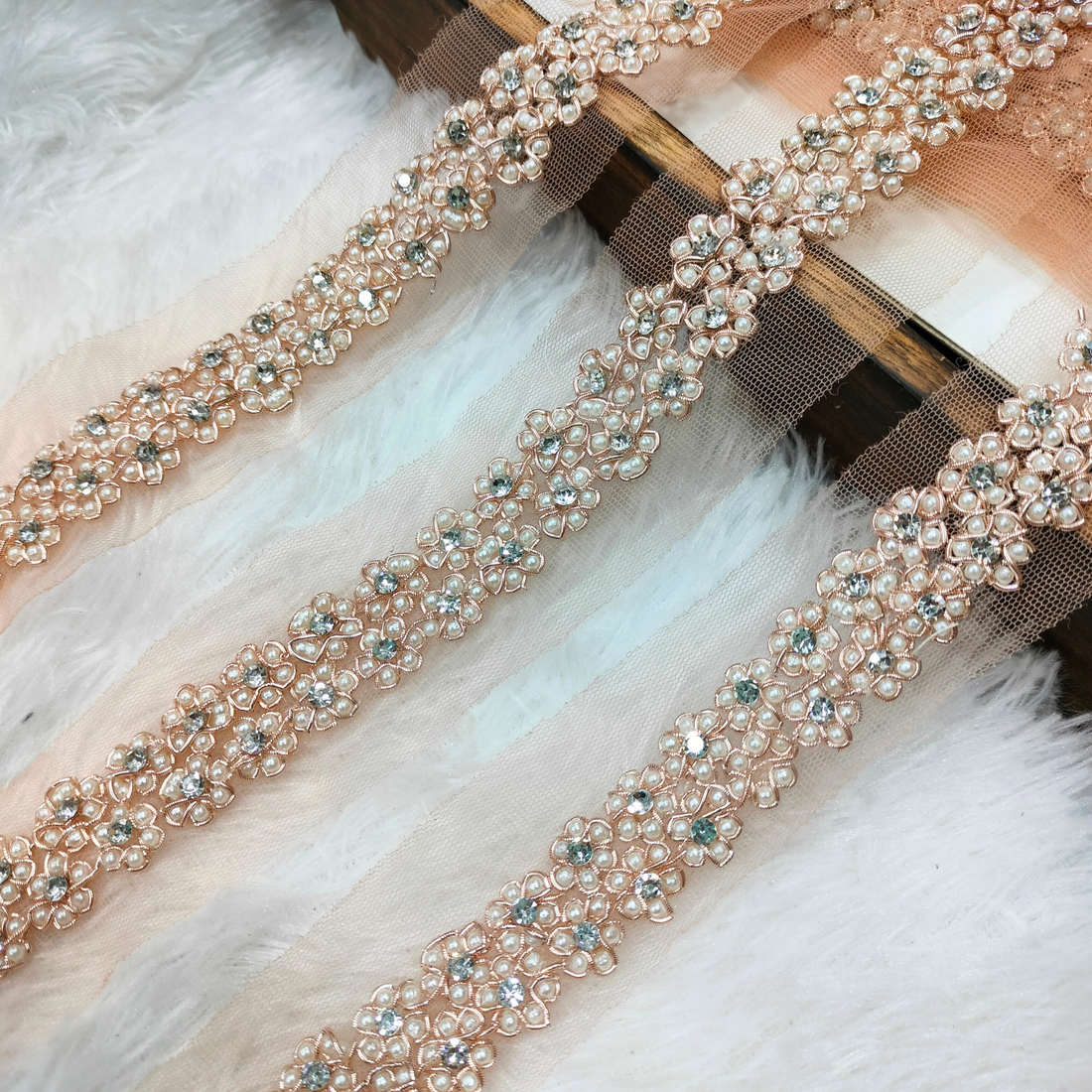 Rose Gold Pearl Embellished Handwork Trim