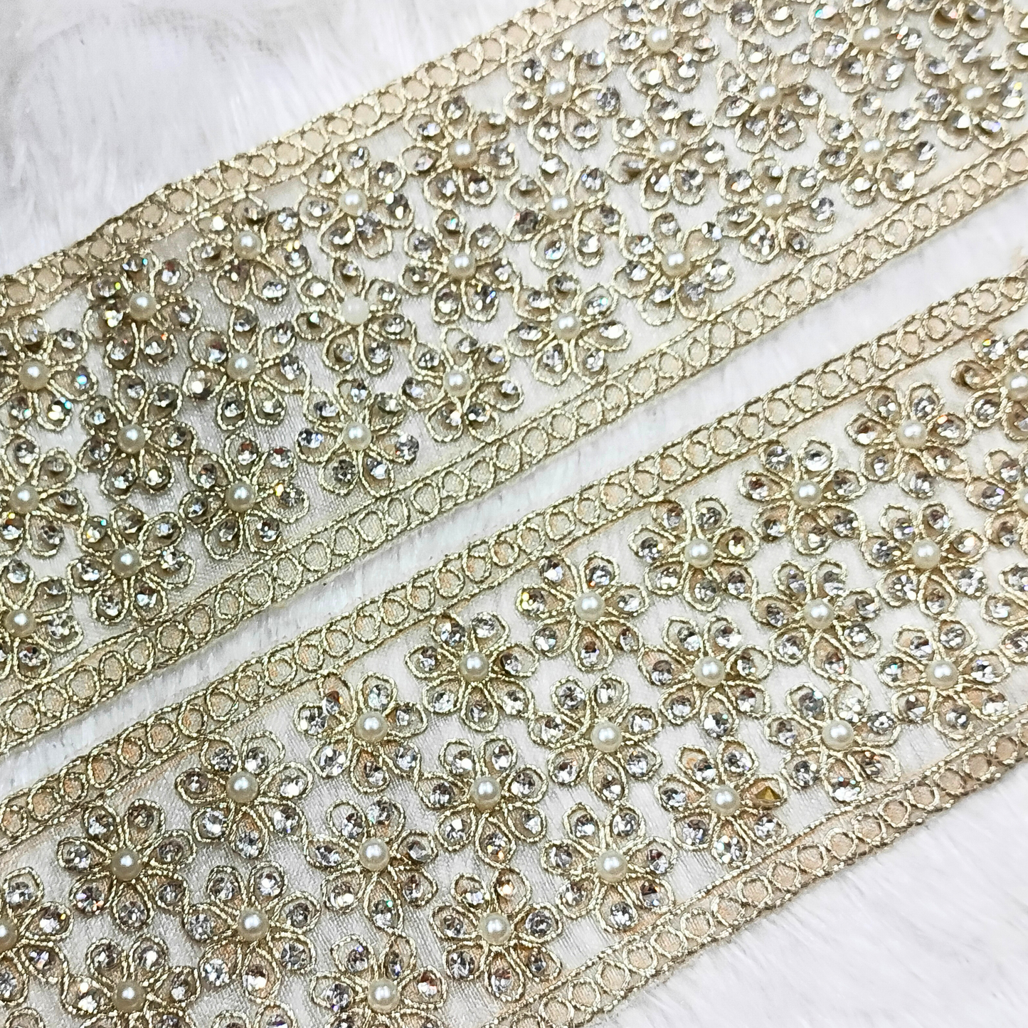 Light Gold Embellished Floral Stone Trim