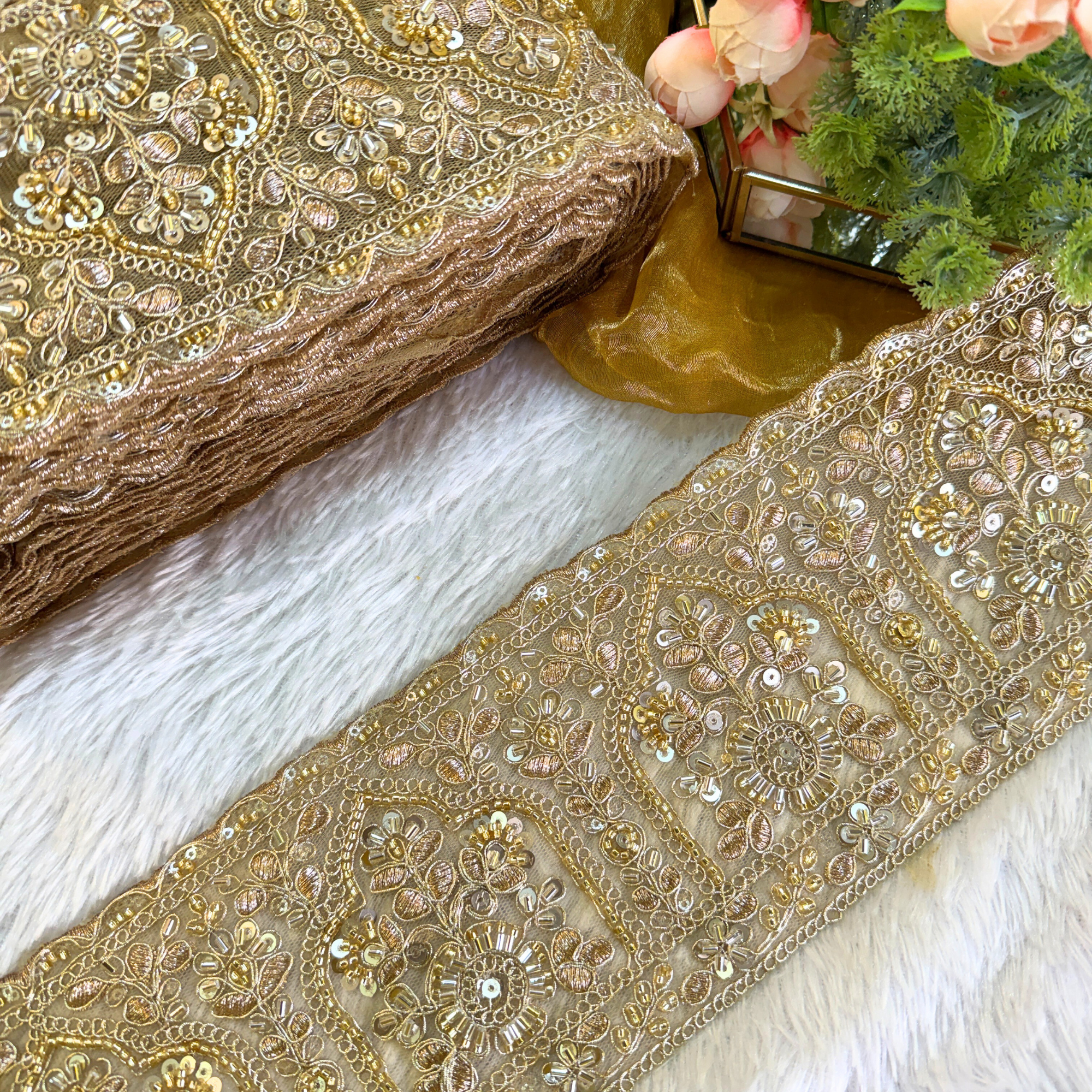 Golden Threadwork & Sequin Designer Trim