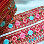 Red Base Multicolor Floral Embroidery Trim