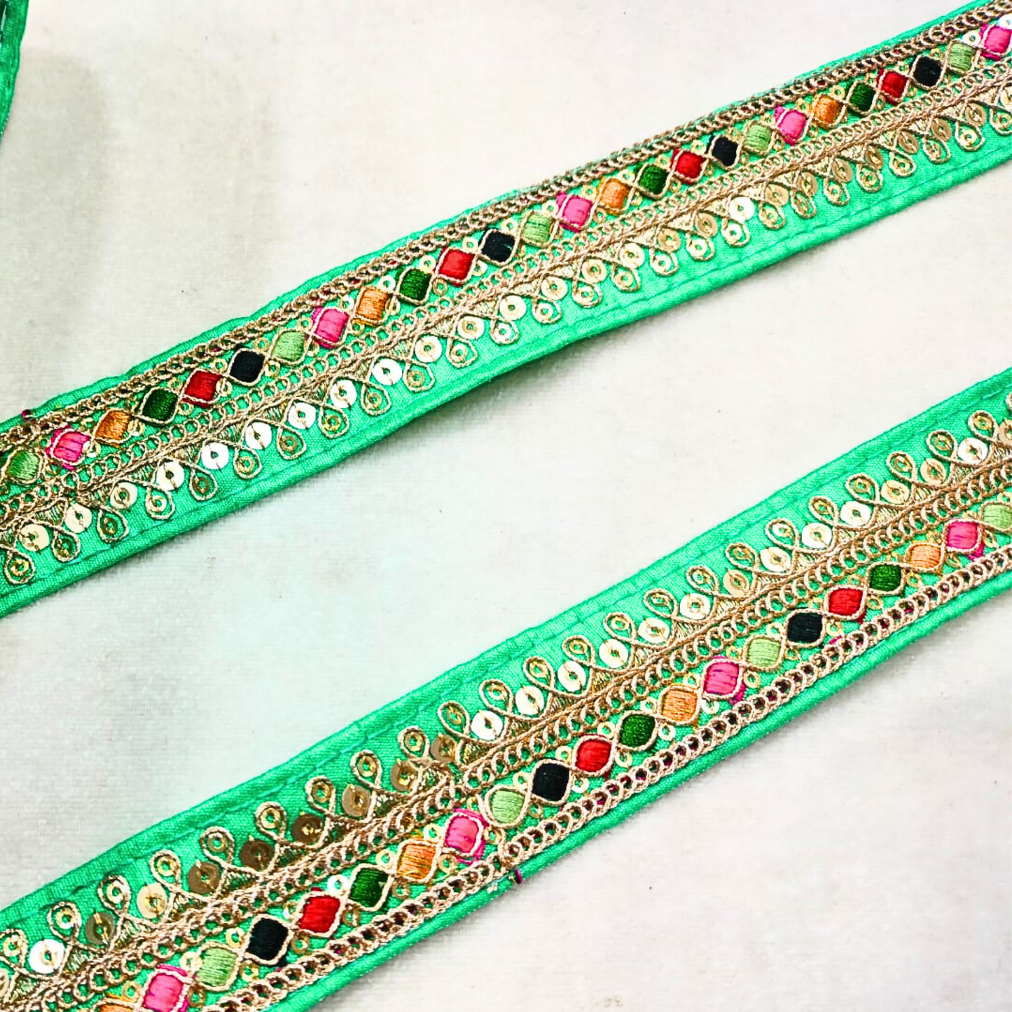 Vibrant Mint Green Base Multicolor Zari Lace Trim