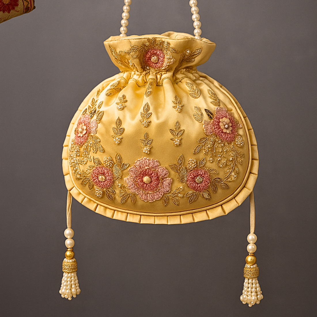 Golden Floral Zardozi Potli Bag
