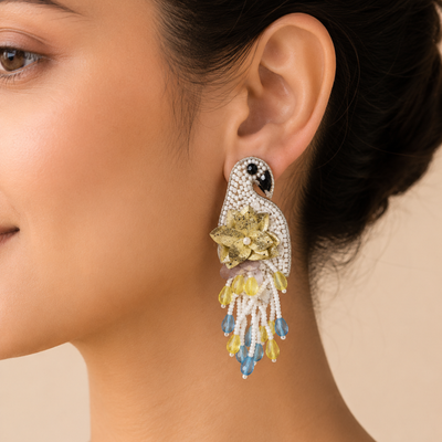 Bird Motif Beaded Floral Statement Earrings with Pearl Tassels hover image