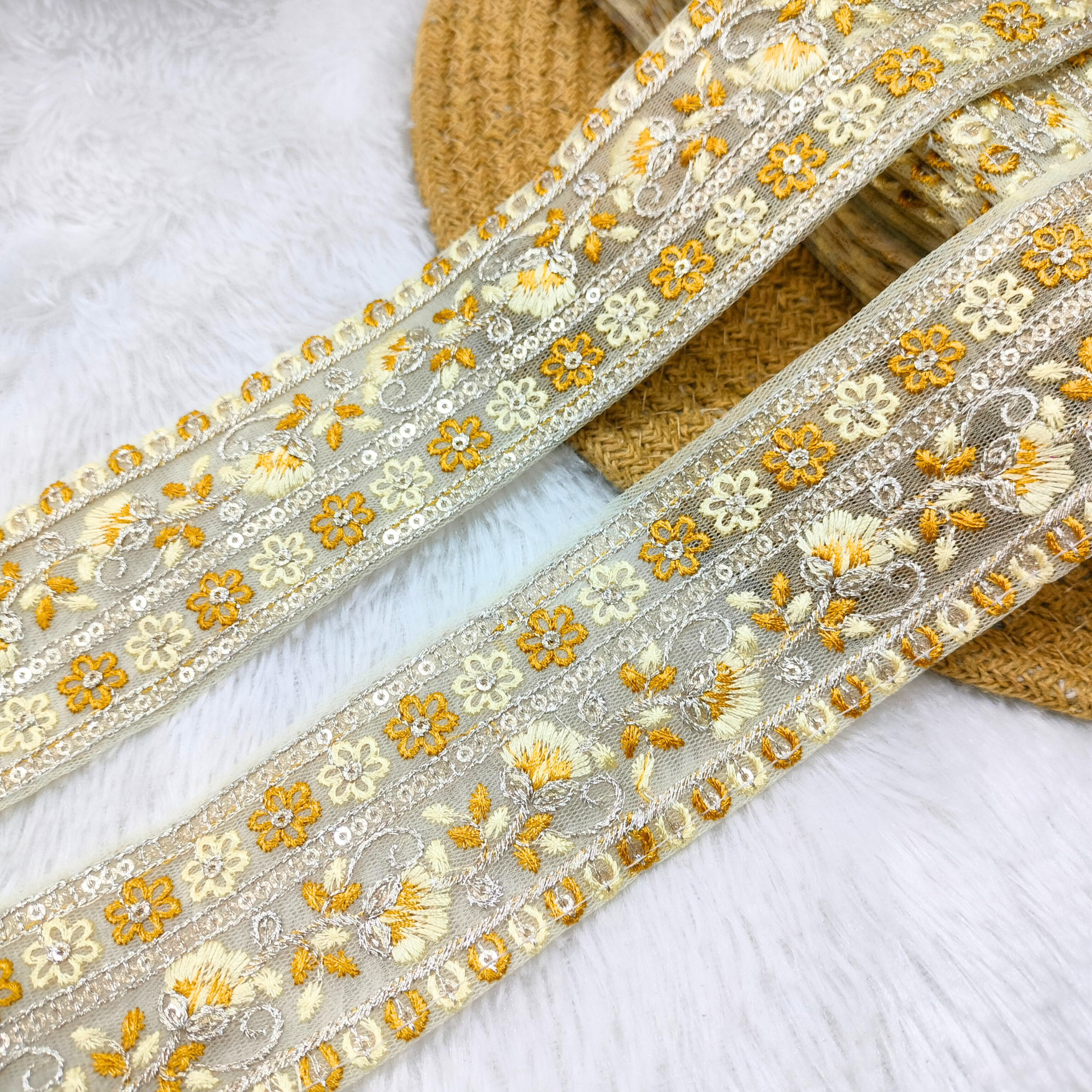 Yellow Multi-Thread Embroidered Lace