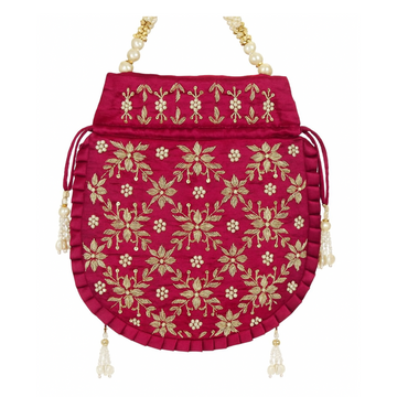 Maroon Golden Bloom Potli Bag