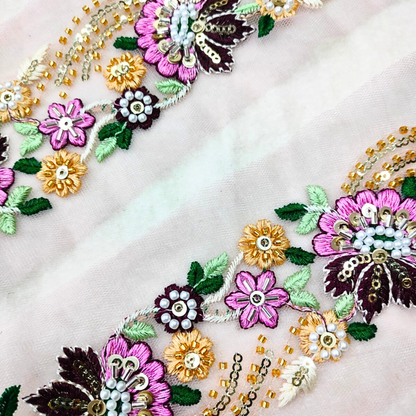 Lavender Multicolor Floral Embroidery Trim