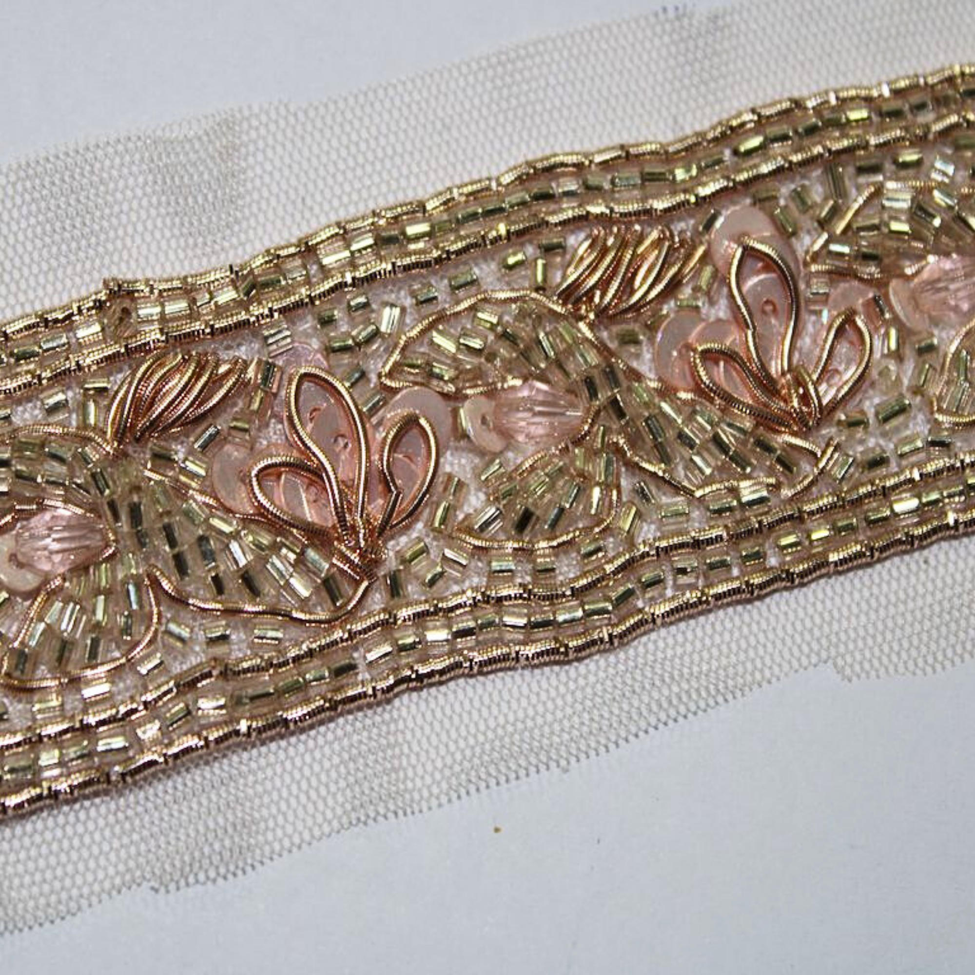 Golden and Peach Embellished Handwork Lace