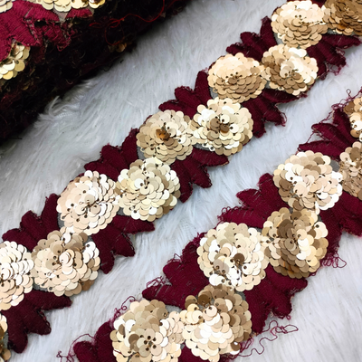 Maroon Floral Sequin Embroidered Trim