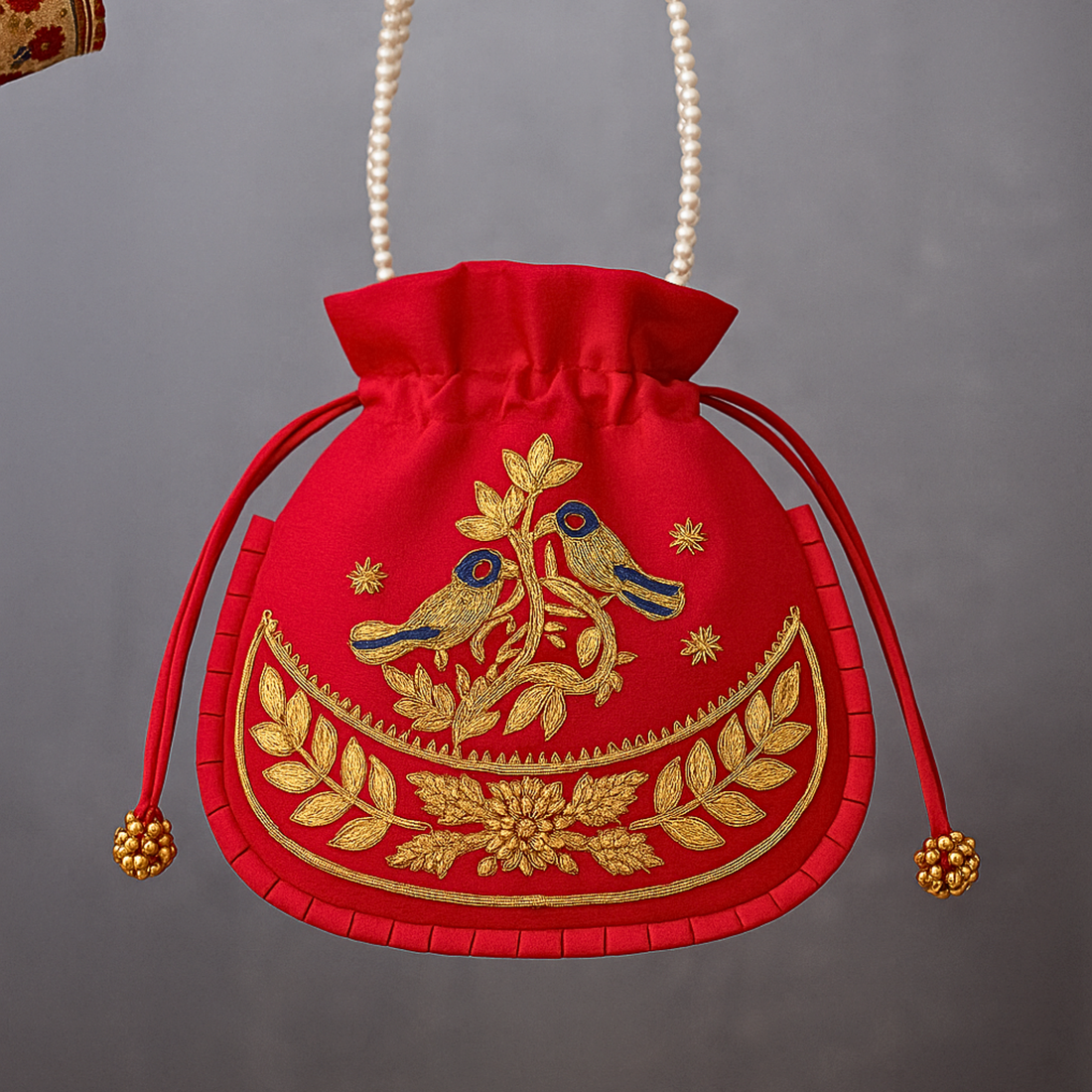 Red Regal Bird Embroidered Potli Bag