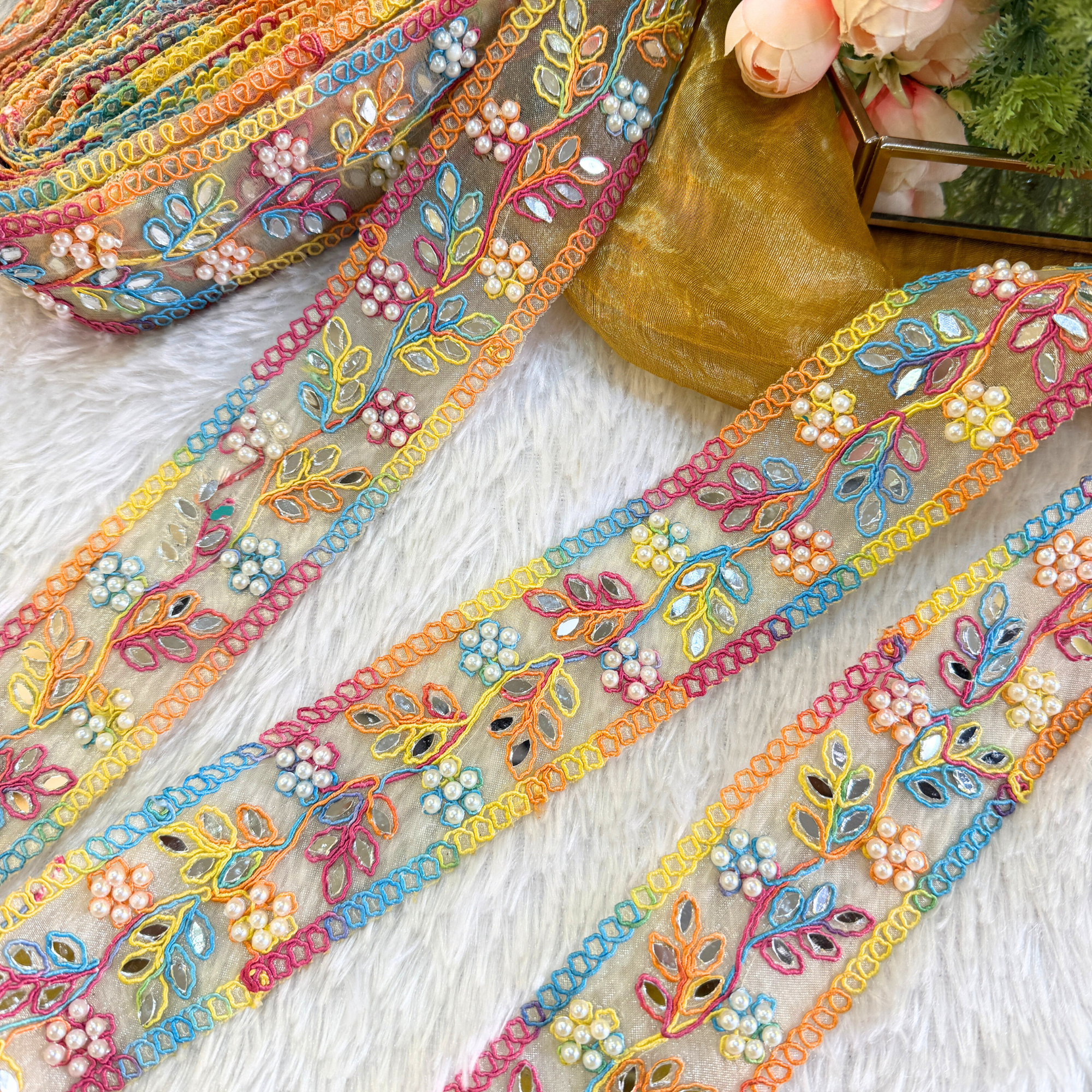 Multicolour Pearl & Thread Embroidery Lace